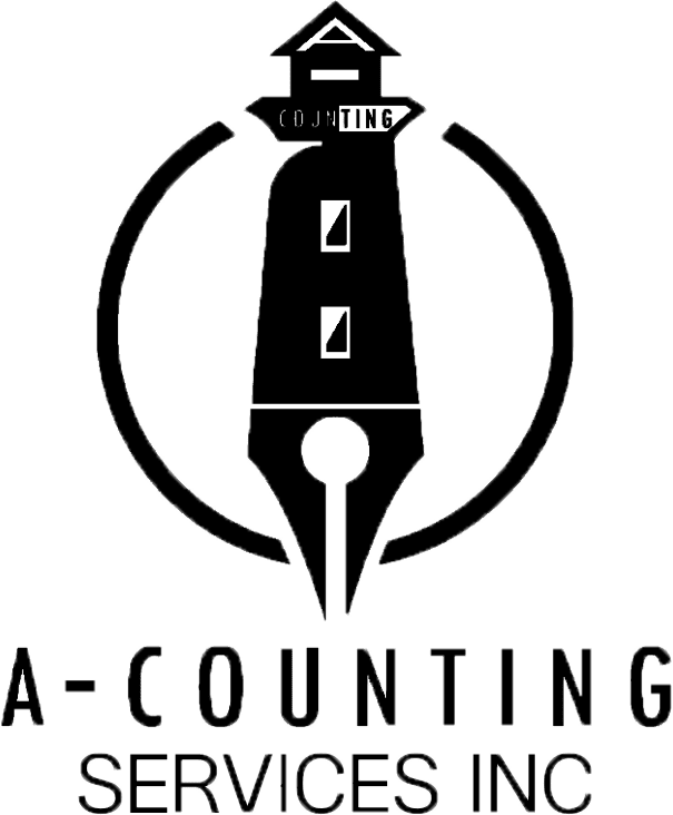 Black and white logo showing a lighthouse with the word “COUNTING” and a pen tip, with text below reading “A-COUNTING SERVICES INC.”.